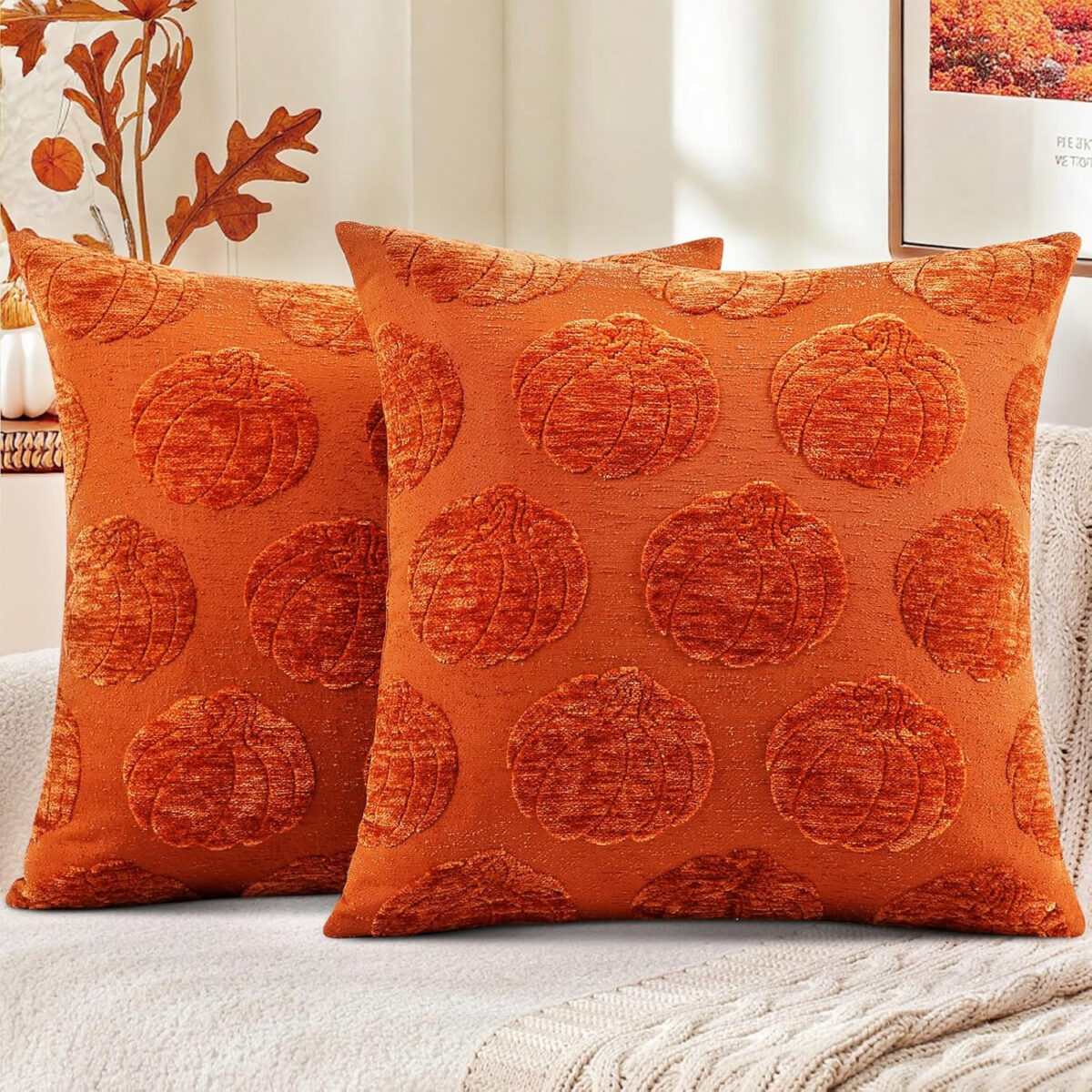 decorUhome Fall Decorative Rust Pumpkin Throw Pillow Covers 18x18 Set of 2, Soft Chenille Jacquard Farmhouse Textured Pillow Covers for Couch Bed Sofa Autumn Harvest Halloween Holiday