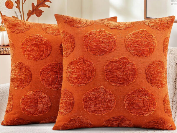 decorUhome Fall Decorative Rust Pumpkin Throw Pillow Covers 18x18 Set of 2, Soft Chenille Jacquard Farmhouse Textured Pillow Covers for Couch Bed Sofa Autumn Harvest Halloween Holiday