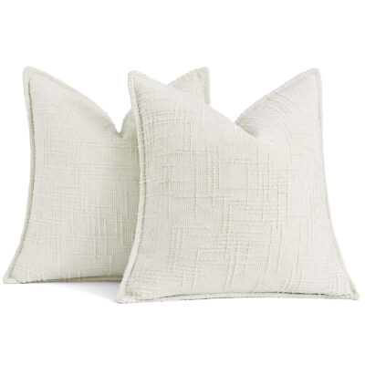 方-白底2 decorUhome Chenille Throw Pillow Covers Set of 2, Thick Textured Slubby Neutral Decorative Pillow Covers with Elegant Design for Couch, Sofa, Living Room